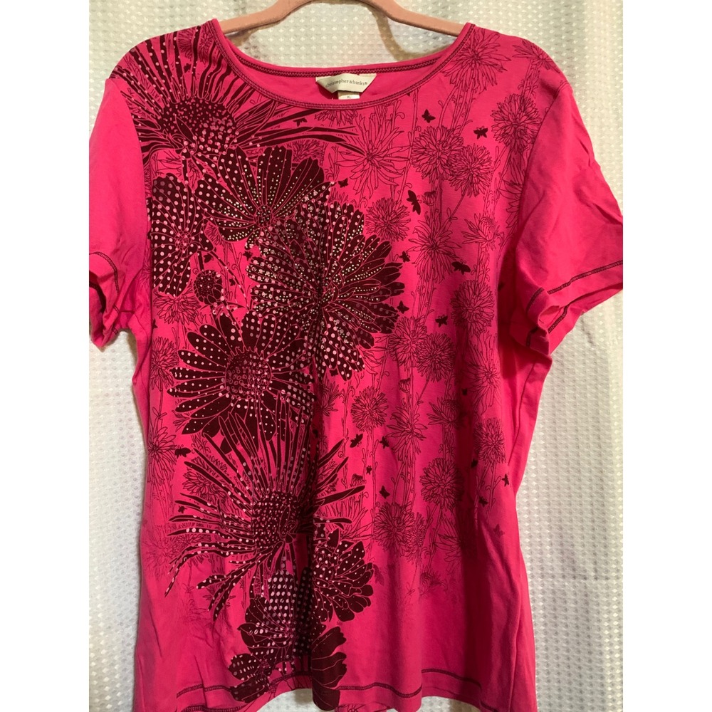 Christopher & Banks Women XL Pink Floral Rhinestone Graphic Short Sleeve T-Shirt